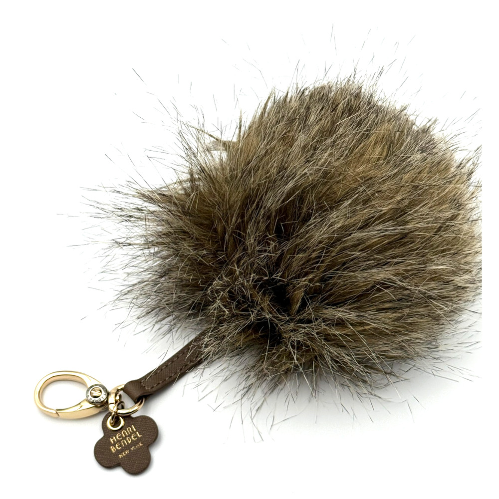 Henri Bendel Brown Leather Key Fob Large Pouf Pom Pom Bag Charm Faux Fur NWOT